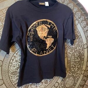 Made in USA Gold and Black Sequins Save the Planet Black T-Shirt Vintage 90s